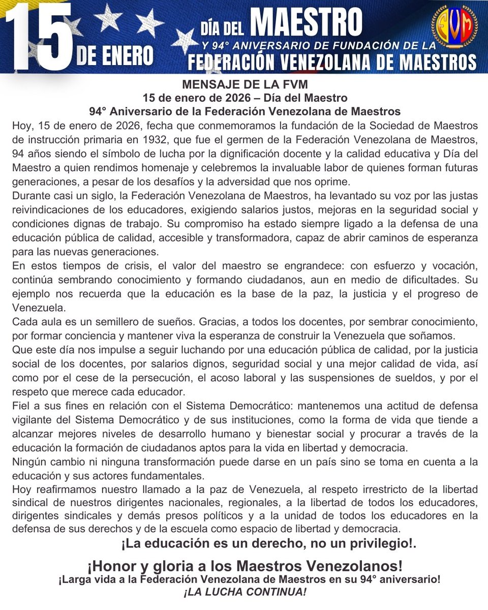 MENSAJE DE LA FVM 
15 de enero de 2026 | Día del Maestro
94° Aniversario de la Federación Venezolana de Maestros

#DiadelMaestro
#LibertadSindical
#15deEnero