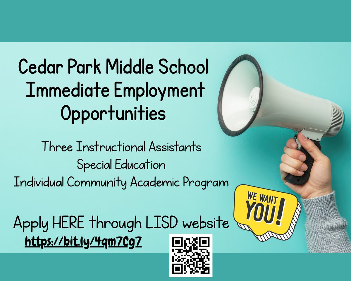 Cedar Park Middle school,<a href="/LeanderISD/">Leander ISD</a>, has immediate employment opportunities available! We are currently hiring 3 Instructional Assistants to support our Individual Community Academic Program (ICAP).

👉 Learn more and apply here: bit.ly/4qm7Cg7