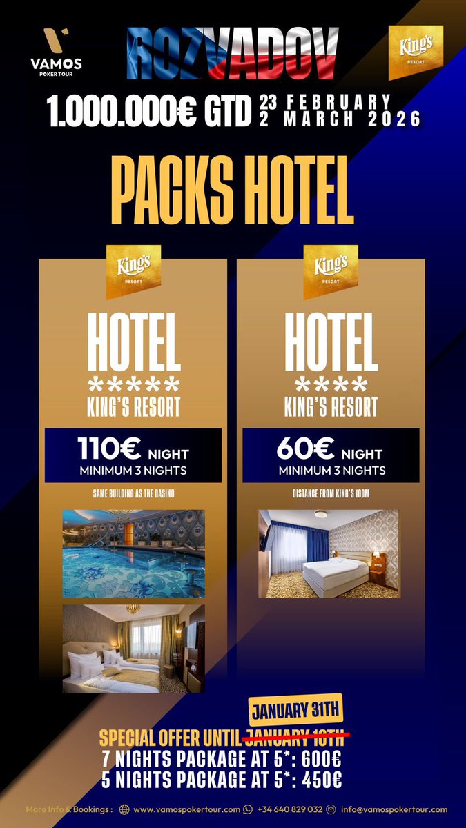 Ampliamos la oferta de los packs para Rozvadov 🔥

📍 Rozvadov – King’s Resort
💰 1.000.000€ GTD
📅 23 de febrero al 2 de marzo de 2026

La oferta especial de hotel se amplía hasta el 31 de enero, para que puedas asegurar tu estancia al mejor precio 👌

🏨 Opciones de hotel:
•