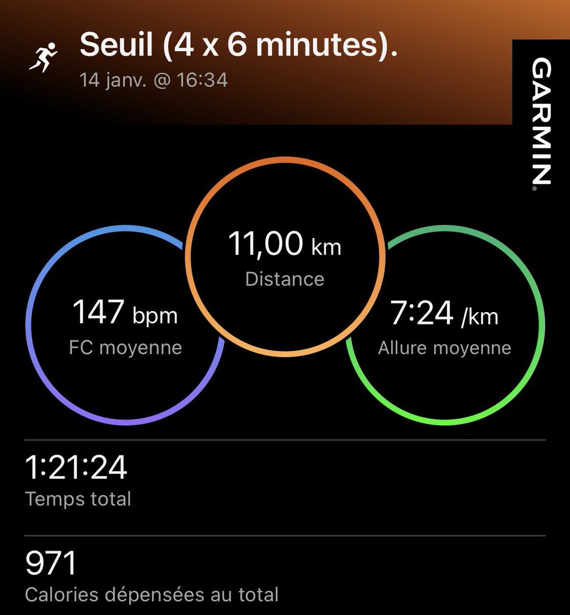 Plan d’entraînement RunMotion Coach pour L'Ultra Marin (sortie numéro 5 en mode #Seuil) : 11 kilomètres en 1:21:24 (7:24 min/km).