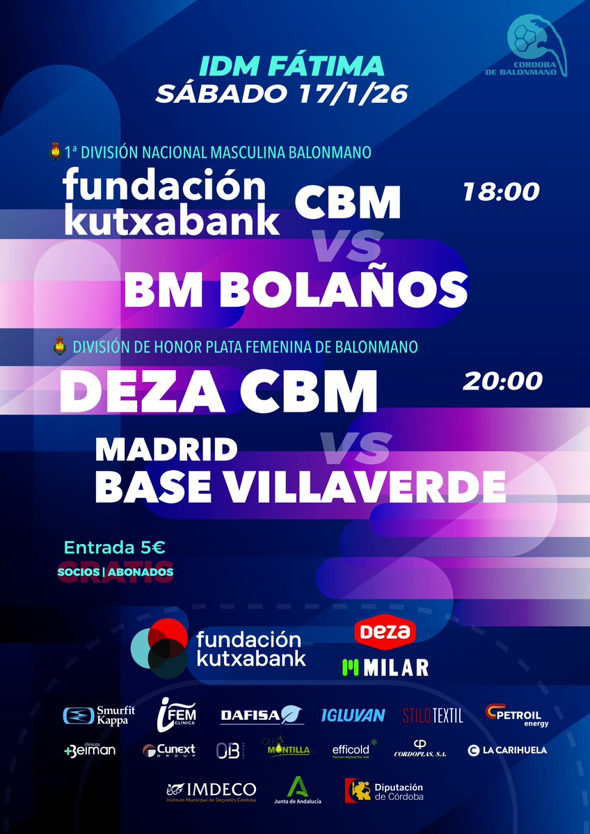 Te damos 2x1 el próximo sábado en la IDM Fátima con nuestras escuadras senior nacional en acción

🤾‍♂️ <a href="/FundKutxabank/">Fundación Kutxabank</a> CBM-<a href="/CBMB_Official/">Club BM Bolaños</a> (18:00)
🤾‍♀️ Deza CBM-<a href="/base_villaverde/">Madrid Base Villaverde</a>  (20:00)

✅ Socio/Abonado: Acceso libre 🆓
✅ Público general: 5⃣ €

#OrgulloGranate #GuerrerasGranates