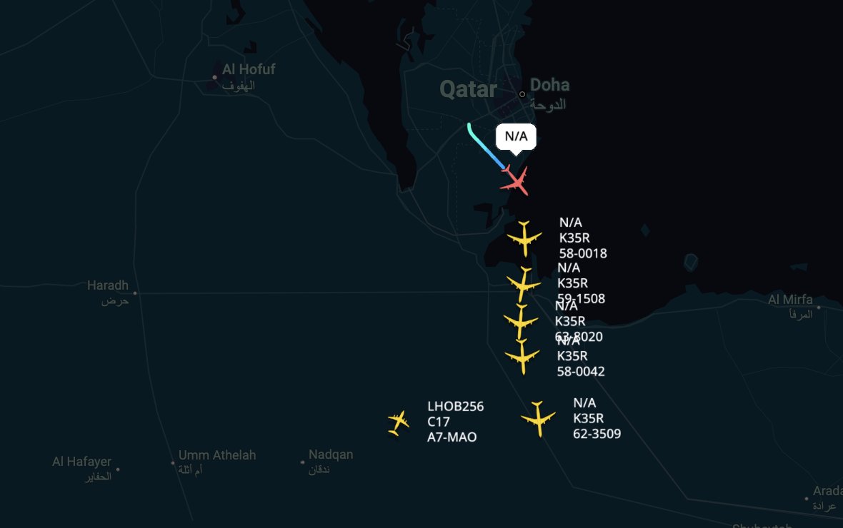 ArmchairAdml's tweet image. #USAF United States Air Force - Al Udeid Air Base

Boeing KC-135 Stratotanker 6x
#AE0484 62-3509 - Unknown C/S
#AE0375 58-0042 - Unknown C/S
#AE07C2 63-8020 - Unknown C/S
#AE07A8 59-1508 - Unknown C/S
#AE04B8 58-0018 - Unknown C/S
#AE04E8 60-0356 - Unknown C/S

Six KC-135s from