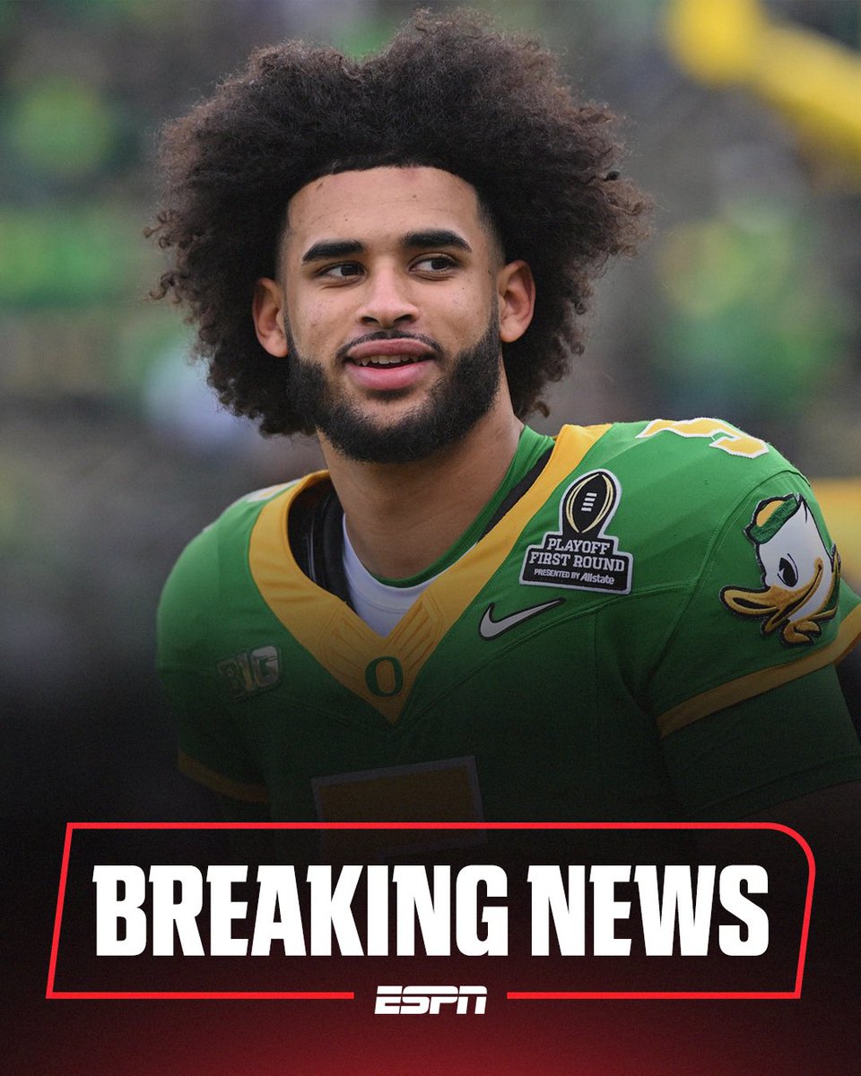 AdamSchefter's tweet image. Oregon quarterback Dante Moore said he has decided to return to school for the 2026 season, forgoing a chance to be a top pick in the 2026 NFL Draft. His decision is expected to have significant ramifications on the draft.