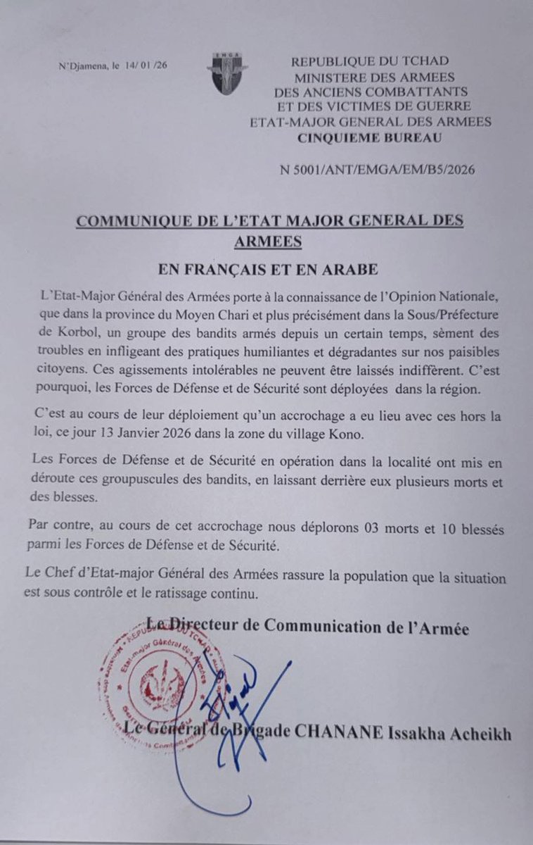 aboubacarybarma's tweet photo. #Tchad #Sécurité : 3 soldats tués et 10 autres blessés suite à des affrontements dans le #Moyen_Chari (État-major)
Les Forces de défense et de sécurité annoncent avoir repoussées un groupe de #bandits_armés lors d’un #accrochage survenu le 13 janvier dans la zone de #Kono. https://t.co/06lUZUE9iv