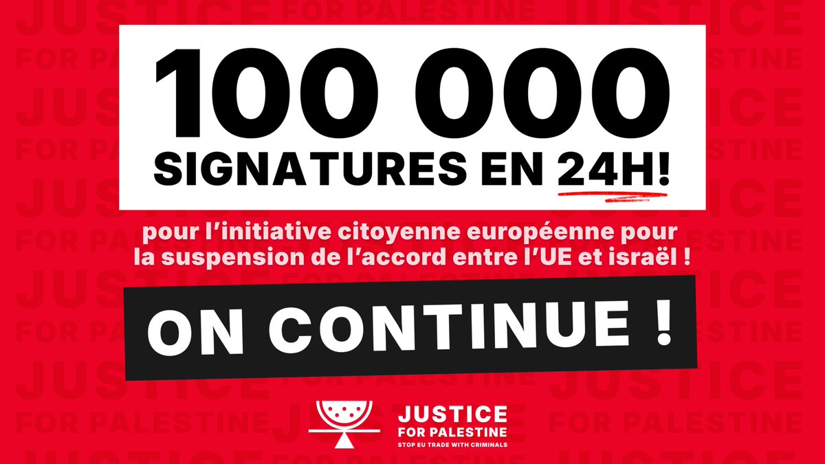 RimaHas's tweet image. 100 000 signatures en 24h pour mettre fin à l'accord d'association UE-Israël. Merci pour votre mobilisation 🇵🇸🫶

Ce n’est que le début, il nous faut le million pour contraindre la Commission européenne à agir ! Continuez à signer et à partager : eci.ec.europa.eu/055/public/#/s…