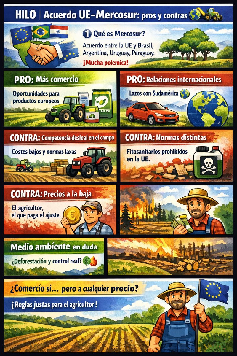 🧵 HILO | Acuerdo UE–Mercosur: pros y contras 🌍🚜
1️⃣ ¿Qué es Mercosur?
Un acuerdo comercial entre la UE y países como Brasil, Argentina, Uruguay y Paraguay. Lleva años sobre la mesa… y mucha polémica.