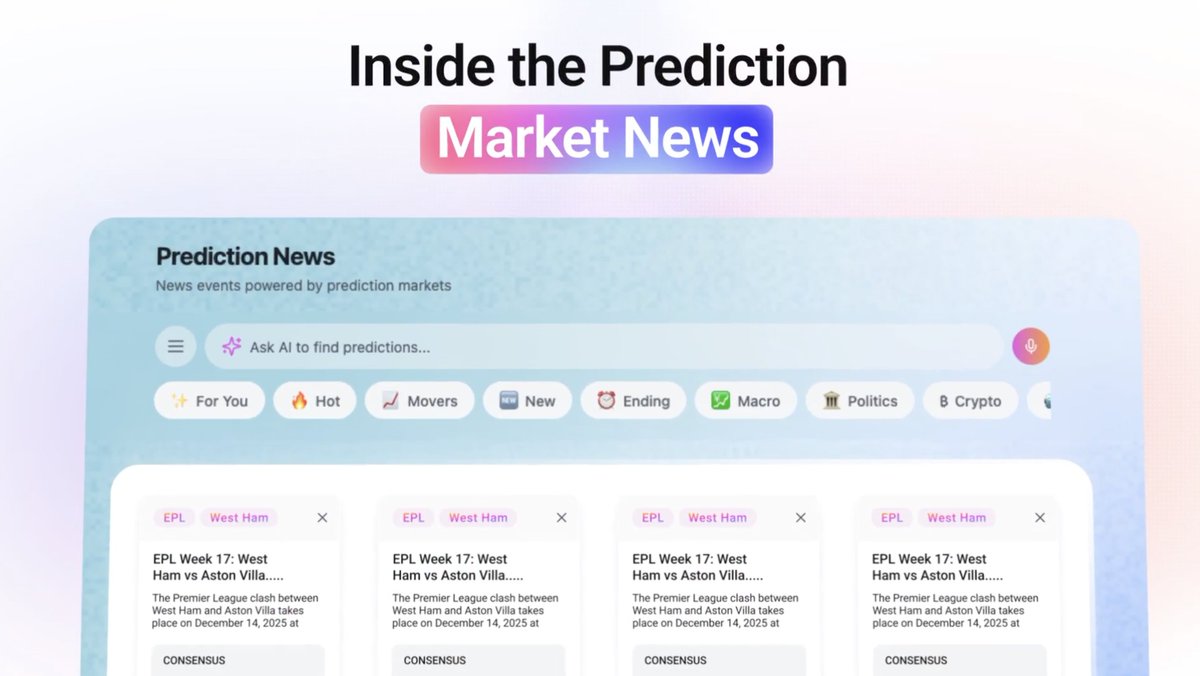Go beyond the headline. 📰 See how prediction markets price the story. Each  story comes with market-backed probabilities, trends, and consensus, all in  one view. Step inside Prediction Market News. 🫵