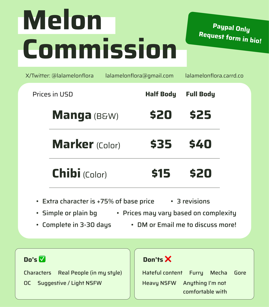 Commission Open!🎉

Commission request form and TOS are linked in my bio (Carrd).
For now, I'm testing out the prices and my abilities. I will do my best! Please be patient with me 🥹🫶

Questions? DM or email me lalamelonflora@gmail.com

[rts and likes are greatly appreciated❤️]