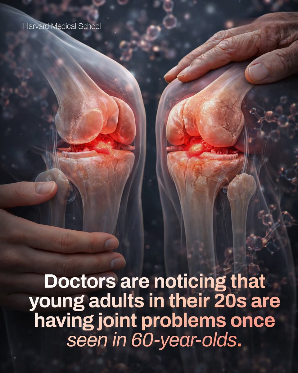 ShiningScience's tweet image. Doctors are increasingly observing people in their 20s and 30s experiencing joint pain, stiffness, and early degeneration once typical of individuals decades older, largely driven by sedentary lifestyles, poor posture, processed diets, and chronic low-grade inflammation.…