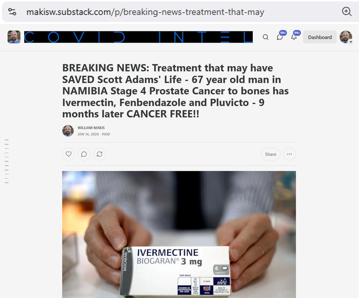 MakisMedicine's tweet image. BREAKING NEWS: Cancer Treatment combination that may have SAVED Scott Adams' life has now saved someone else!!

67 year old man in NAMIBIA Stage 4 Prostate Cancer to bones has World's First Treatment combination: Ivermectin, Fenbendazole and PLUVICTO - 9 months later he is CANCER…