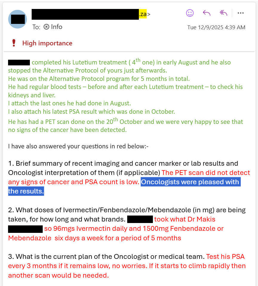 MakisMedicine's tweet image. BREAKING NEWS: Cancer Treatment combination that may have SAVED Scott Adams' life has now saved someone else!!

67 year old man in NAMIBIA Stage 4 Prostate Cancer to bones has World's First Treatment combination: Ivermectin, Fenbendazole and PLUVICTO - 9 months later he is CANCER…