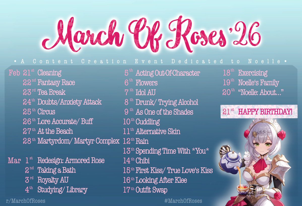 #Noelle #GenshinImpact #ノエル
next month!! just promo'ing since i'm part of the team this year. join March of Roses, a content event centered around our beloved Noelle, for a chance to win one of three welkins ^^
more here:
#MarchofRoses FAQ
(reddit.com/r/MarchOfRoses…)