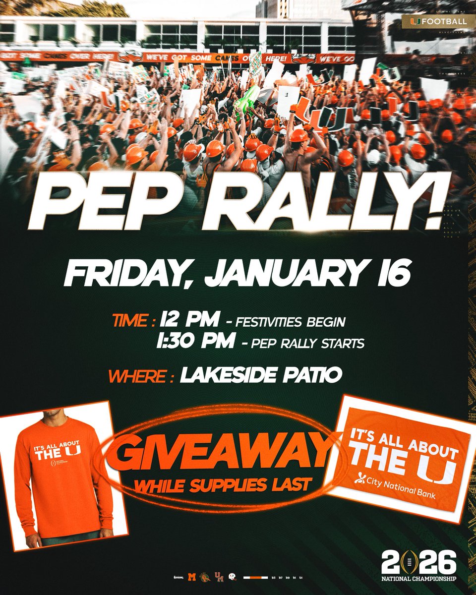 UM_Sebastian's tweet image. ‼️CANES FAM‼️

A National Championship at home calls for an on-campus pep rally! 

Miami students, faculty, and staff, join me at the Lakeside Patio from 12-3 PM on Friday, Jan. 16 as we cheer on @canesfootball ahead of the @cfbplayoff National Championship on Monday.