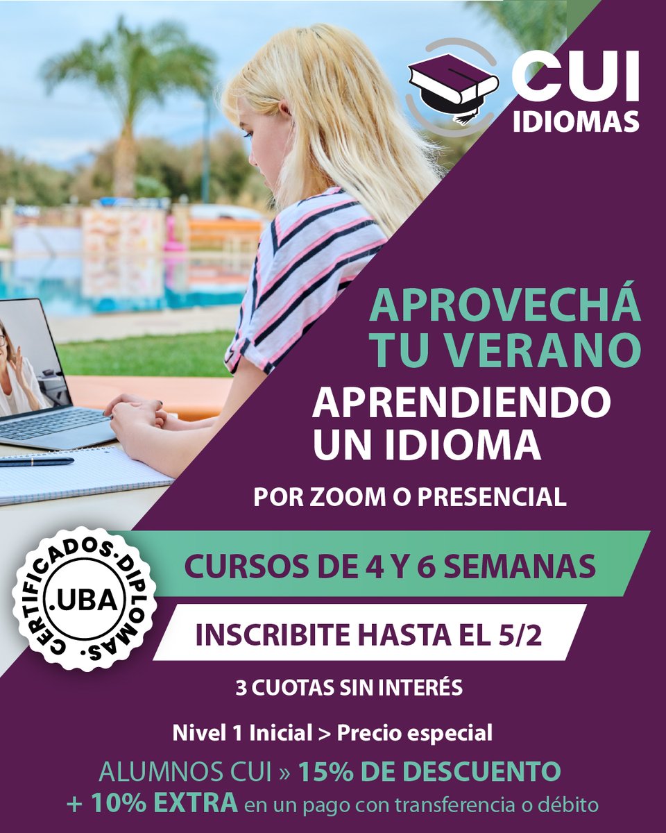 🌍 Cursos Grupales De 4 o 6 semanas - Presenciales
o por Zoom de Inglés, Portugués, Francés, Italiano,
Alemán, Chino y Japonés.

Conocé toda la Propuesta, días y horarios en →  cui.edu.ar 

🎓 Certificados y Diplomas UBA