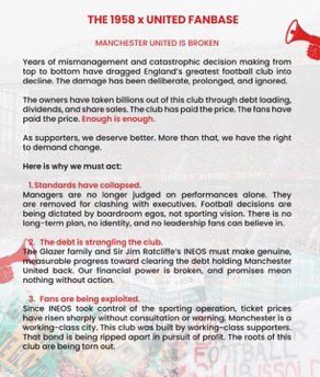 The__1958's tweet image. This statement was released today by a collaboration of online accounts. They’ve had enough of the Glazers, INEOS and the way the club treat fans and match going supporters. The inept running of the club and the shite we are served up every week whilst expecting us to pay more…
