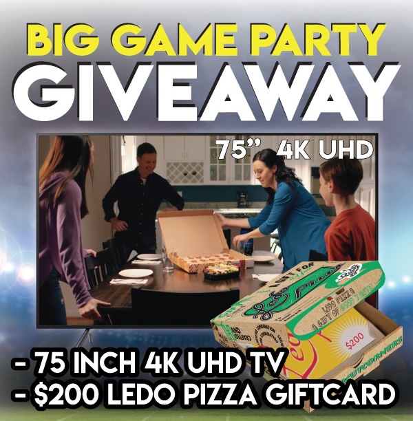 LedoPizza's tweet image. ‼️BIG GAME PARTY GIVEAWAY‼️ 
Enter giveaway here: ledopizza.com/2026-big-game-…

One randomly selected winner will receive a 75inch 4K UHD TV and a $200 Ledo Pizza Gift Card!

*GIVEAWAY ENDS ON 1/18/26 AT 10:00PM EST. One lucky winner will be chosen at random. Must be 18 or older to…
