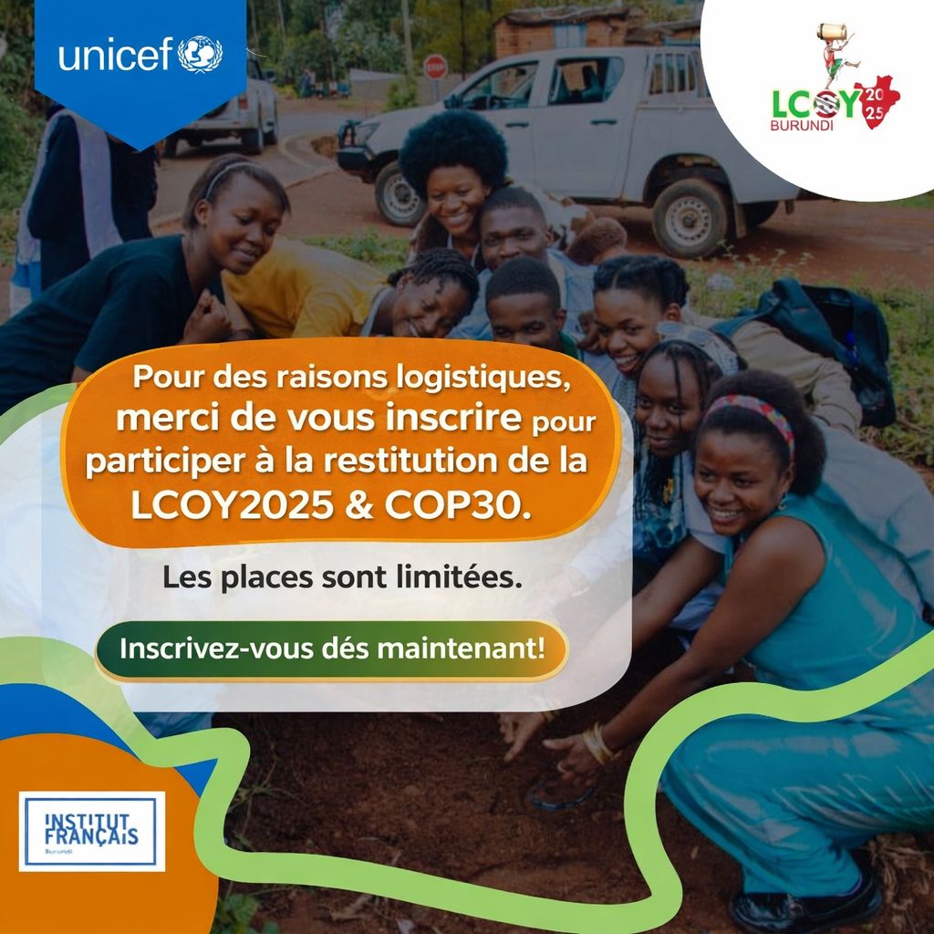 Tu es un·e jeune engagé·e pour l’action climatique ?
Cette rencontre est pour toi !

📅 𝟐𝟏 𝐣𝐚𝐧𝐯𝐢𝐞𝐫 𝟐𝟎𝟐𝟓
📍 𝐈𝐧𝐬𝐭𝐢𝐭𝐮𝐭 𝐅𝐫𝐚𝐧ç𝐚𝐢𝐬 𝐝𝐮 𝐁𝐮𝐫𝐮𝐧𝐝𝐢 (IFB)
⏰ 𝟏𝟓𝐡𝟎𝟎 – 𝟏𝟕𝐡𝟑𝟎

Dans le cadre de la restitution de la LCOY2025 et de la COP30, nous nous