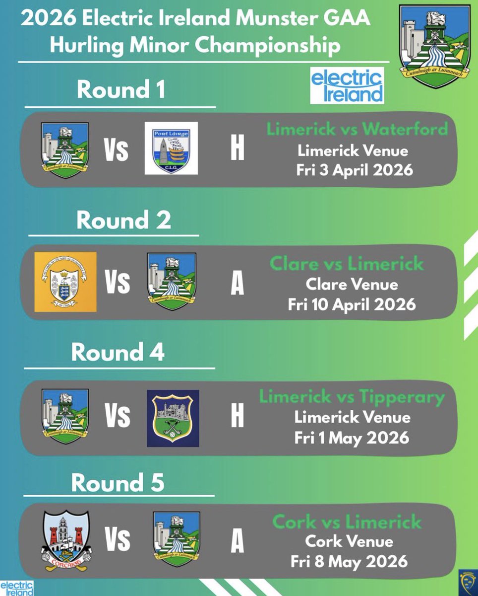 LimerickCLG's tweet photo. Minor Hurling Dates for your Diary:

The Electric Ireland Munster GAA Hurling Minor Championship will get underway on Friday April 3rd with Limerick hosting Waterford. https://t.co/yDqPcbqPri