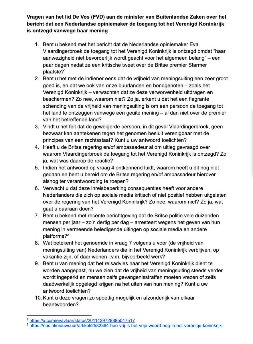 Uiterst zorgelijke ontwikkeling.

Zojuist Kamervragen gesteld aan <a href="/ministerBZ/">David van Weel</a> over deze zoveelste schending van de vrijheid van meningsuiting door ons buurland, over de consequenties voor Nederlanders in het Verenigd Koninkrijk en over te nemen diplomatieke acties.