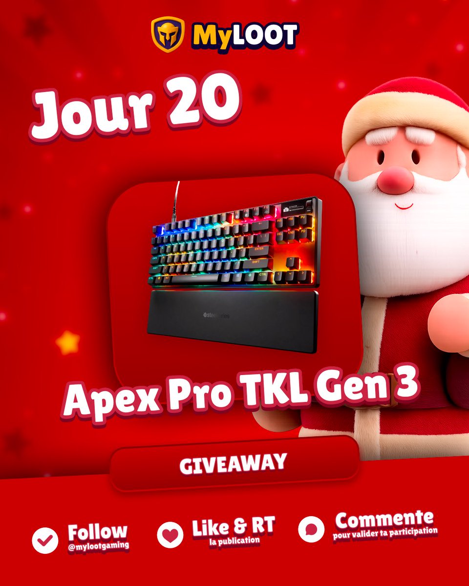 🎅🎁 JOUR 20 : CALENDRIER DE L’APRÈS

Gagne ton clavier gamer ! 🔥⌨️

Conditions de participation :
👥 Follow <a href="/mylootgaming/">MyLOOT</a>
❤️ Like le tweet
🔁 Retweet

✅💬 Commente pour valider ta participation

#Concours #Giveaway