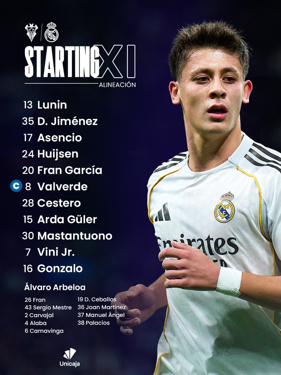 josito714's tweet photo. XI del Real Madrid CF:
Lunin, D. Jiménez, R. Asencio, Huijsen, Fran García, Valverde, Cestero, Arda Güler, Mastantuono, Vinícius Jr. y Gonzalo.
#RMCopa
#HastaElFinalVamosReal
#HalaMadrid 🤍💜 https://t.co/8kvvAWcwgr