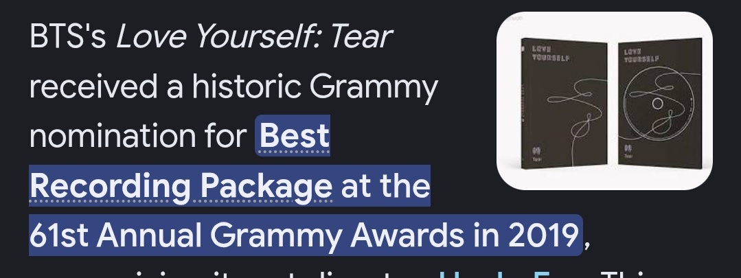 fakeglossy's tweet image. BTS was there because their album cover was LITERALLY nominated for a Grammy 😭