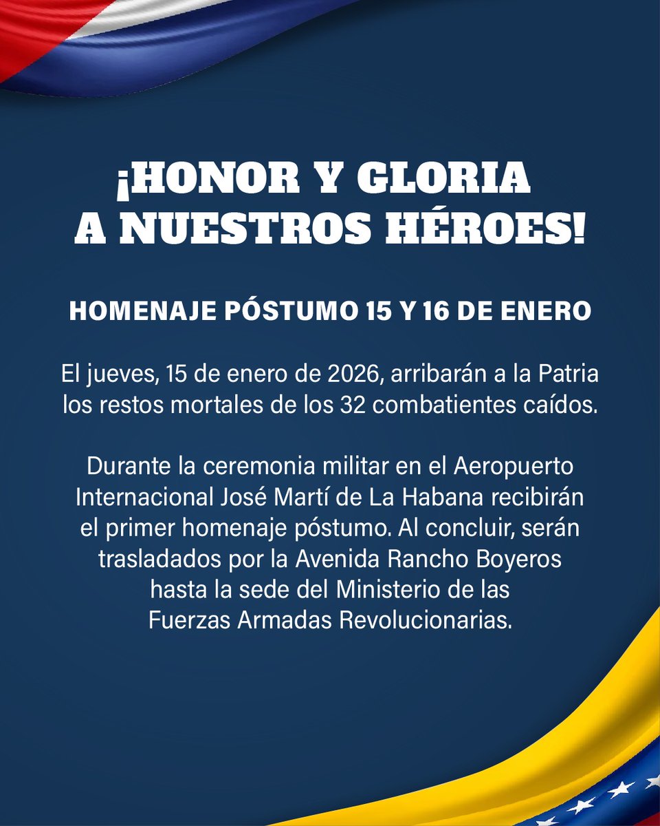 cubadebatecu's tweet photo. ⭐ ¡Honor y gloria a nuestros héroes! 🇨🇺

Homenaje póstumo a los combatientes caídos en Venezuela, los días 15 y 16 de enero.

#HonorYGloria 
#CubaHonra https://t.co/q1z4y9FsOm