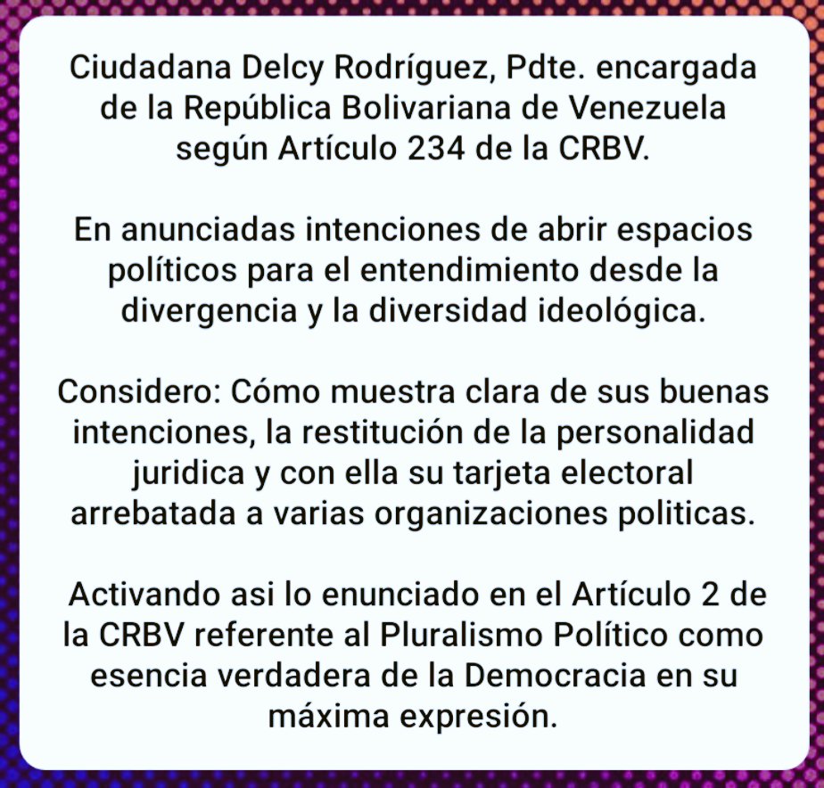 ElFenix2025's tweet photo. 🤔☝🏻C. @delcyrodriguezv cómo un #Venezolano de los qué nos sentimos sin voz politica que nos represente; La muestra de buena fé que pido por #Venezuela es: Qué considere la activación inmediata del mandato taxativo que promulga el Pluralismo Político plasmado en el #ART2CRBV ✊🏼 https://t.co/Pl0QWxV7wj