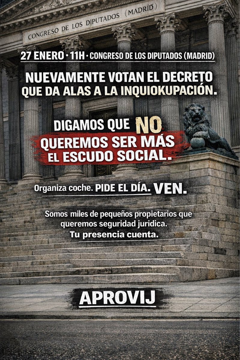 El 27 de enero en el Congreso se vota la prórroga del RD 11/2020.

Llevamos 6 años siendo el “escudo social” del Estado.

Es el momento de estar presentes y exigir seguridad jurídica.

Quien pueda, que acuda. Organiza coche, pide el día, comparte.

La presión importa.