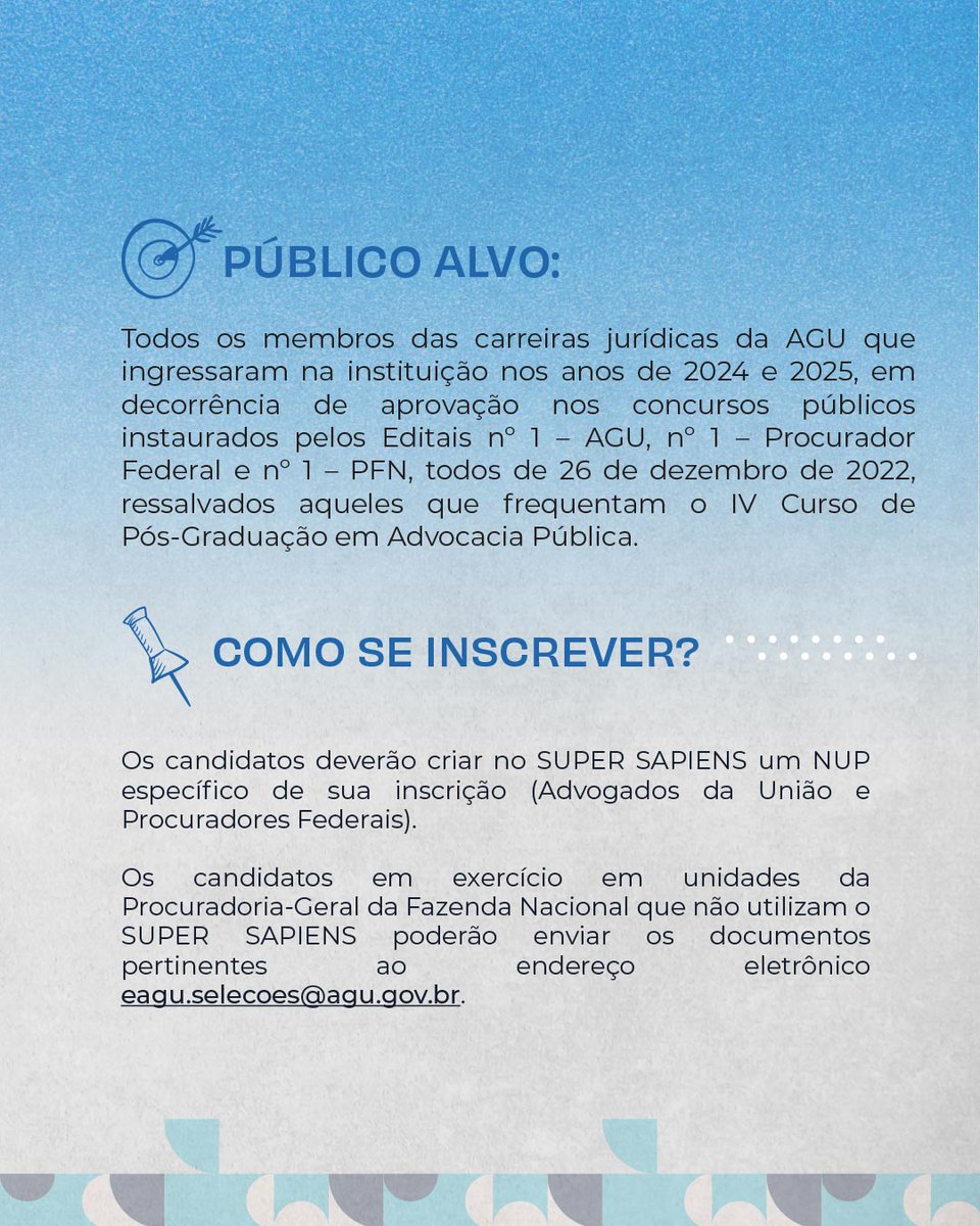 📢 Prazo prorrogado!

Inscrições até 21/01 para a Pós-Graduação Lato Sensu em Advocacia Pública – ESAGU.

👩‍⚖️ Quem pode participar?
Membros das carreiras jurídicas da AGU (ingressantes 2024 e 2025).

🔗 Edital: agudf-my.sharepoint.com/:b:/g/personal…