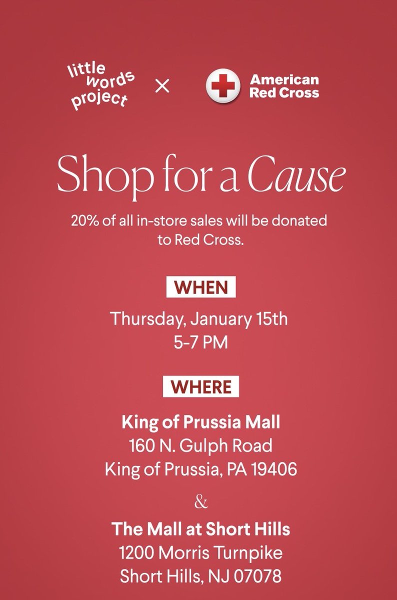 NJRedCross's tweet image. We’re deeply grateful for the generosity of Little Words Project for supporting the American Red Cross. Tomorrow, shop for a cause at Little Words Project at the Mall at Short Hills &amp;amp; King of Prussia Mall - 20% of all in-store sales will be donated to the Red Cross. Thank you!❤️