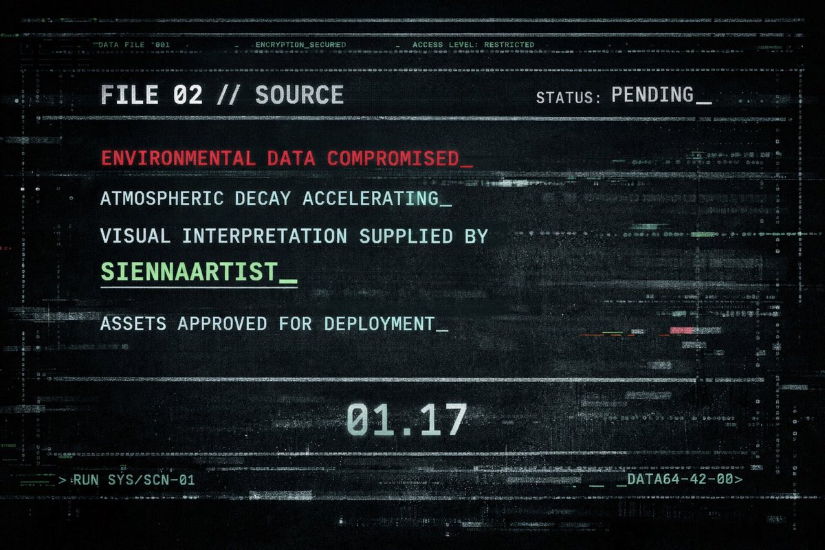 FILE 02 // SOURCE

Environmental data compromised.
Atmospheric decay accelerating.

Visual interpretation supplied by <a href="/SiennaArtist/">Sienna Artist</a>.
Assets approved for deployment.

01.17