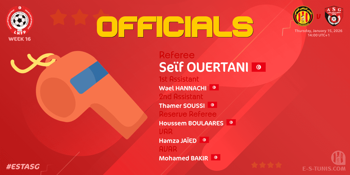 ESTuniscom's tweet photo. #Ligue1Tn🇹🇳 Week 16 #ESTASG | @ESTuniscom 🆚 #ASGabes : Appointment of referees / تعيين الحكام / Désignation des arbitres https://t.co/3Cv1FxJKis