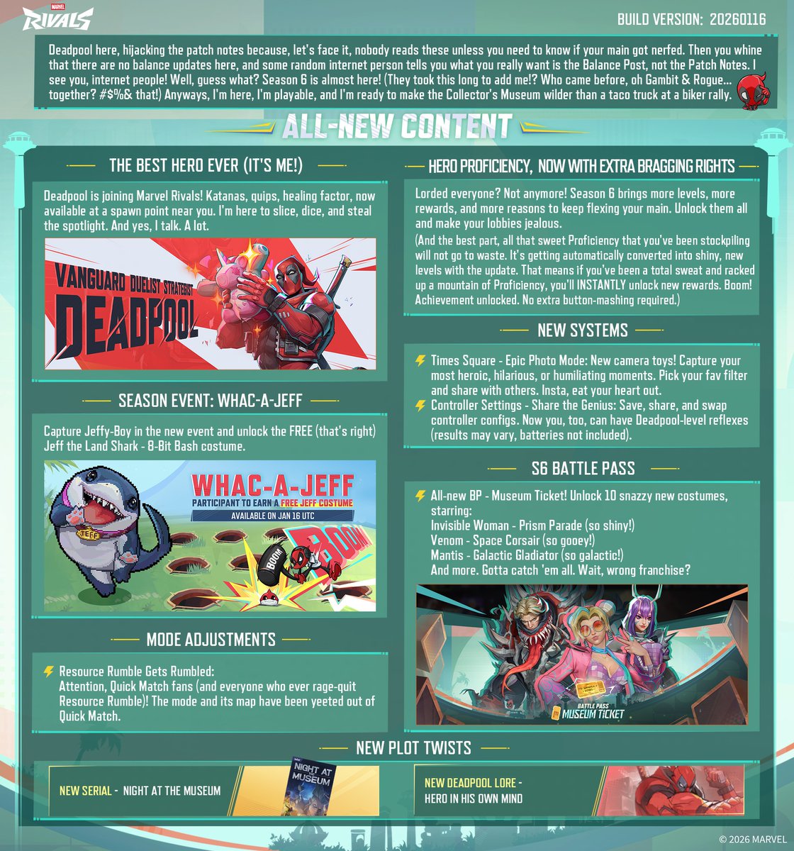 MarvelRivals's tweet image. A new update arrives with Season 6.0 of Marvel Rivals!

A brand-new (and witty) hero arrives this season alongside new costumes and content! Check out the full patch here &amp;gt;&amp;gt; marvelrivals.com/gameupdate/202…

🛠️ Maintenance will begin on Jan 16th 9 AM UTC and is expected to take…