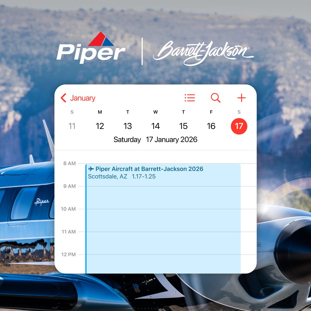 piperaircraft's tweet image. Scottsdale here we come ✈️

Catch us at the 2026 Barrett-Jackson Scottsdale Auction from January 17th to the 25th.

Mark your calendars, the countdown is on. 

-
#PiperAircraft #FreedomOfFlight #FlyPiper #Aviation #Aircraft
