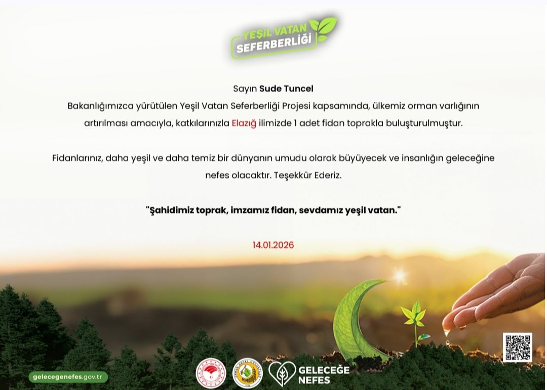 Geleceğe Nefes Olduk! 🤗

Umudum kök salsın diye; Ülkemin yarınları için, memleketimin toprağına bir fidan bağışladım. Büyüsün, yeşersin; gölgesinde soluklanalım. 🌳🇹🇷

#GeleceğeNefes <a href="/OGMgovtr/">Orman Genel Müdürlüğü</a> <a href="/elazig_obm/">Elazığ Orman Bölge Müdürlüğü</a>