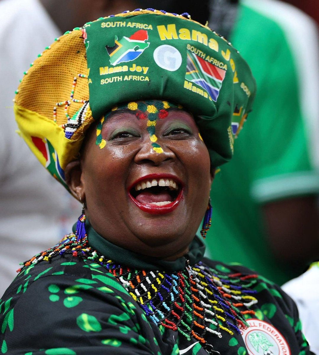 Popular South African supporter Mama Joy is in the stands supporting Nigeria against Morocco 🇿🇦🤝🇳🇬