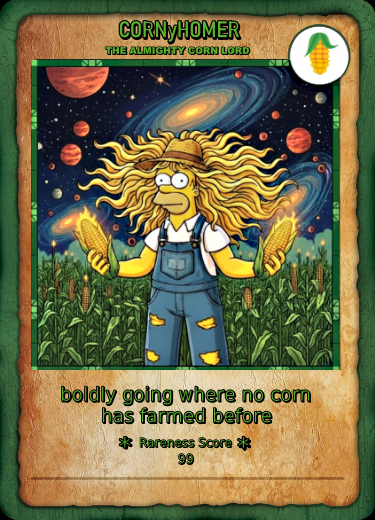 FauxBitcorn's tweet image. 🌽NEW DROP🌽

CORNYHOMER
Card 9 
Harvest 1
Supply 33
Artist @papeto2 

#FAUXBITCORN