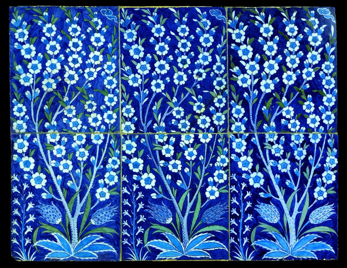 Fritware tile panel, painted in blue, turquoise, and moss green under a transparent glaze. Turkey, Iznik; c. 1540