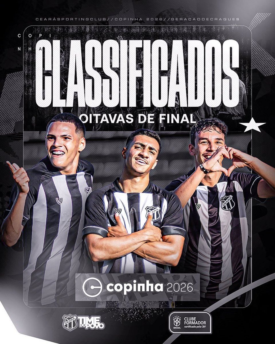 CLASSIFICADOOOOOOOOOSSSSSSSS! 🏁🔥👴

A #GeraçãoDeCraques do Vozão está classificada para as oitavas da Copinha!

BOOORAAAA,CRIAS! 💪

#CearáSC #TimeCeará