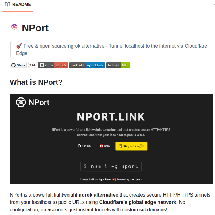 Exposes local ports to public URLs through Cloudflare Edge

github.com/tuanngocptn/np…