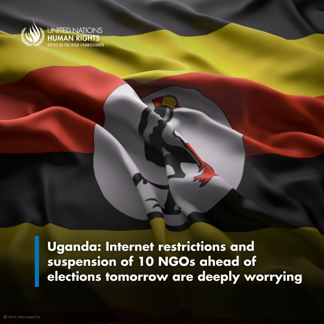 stephenkariske's tweet image. 🚨 Uganda: The UN Human Rights Office raises alarm over internet restrictions and suspension of 10 NGOs just a day before elections. These actions undermine transparency and democratic freedoms.  
#UgandaDecides #HumanRights #UN #Elections2026 #DigitalFreedom