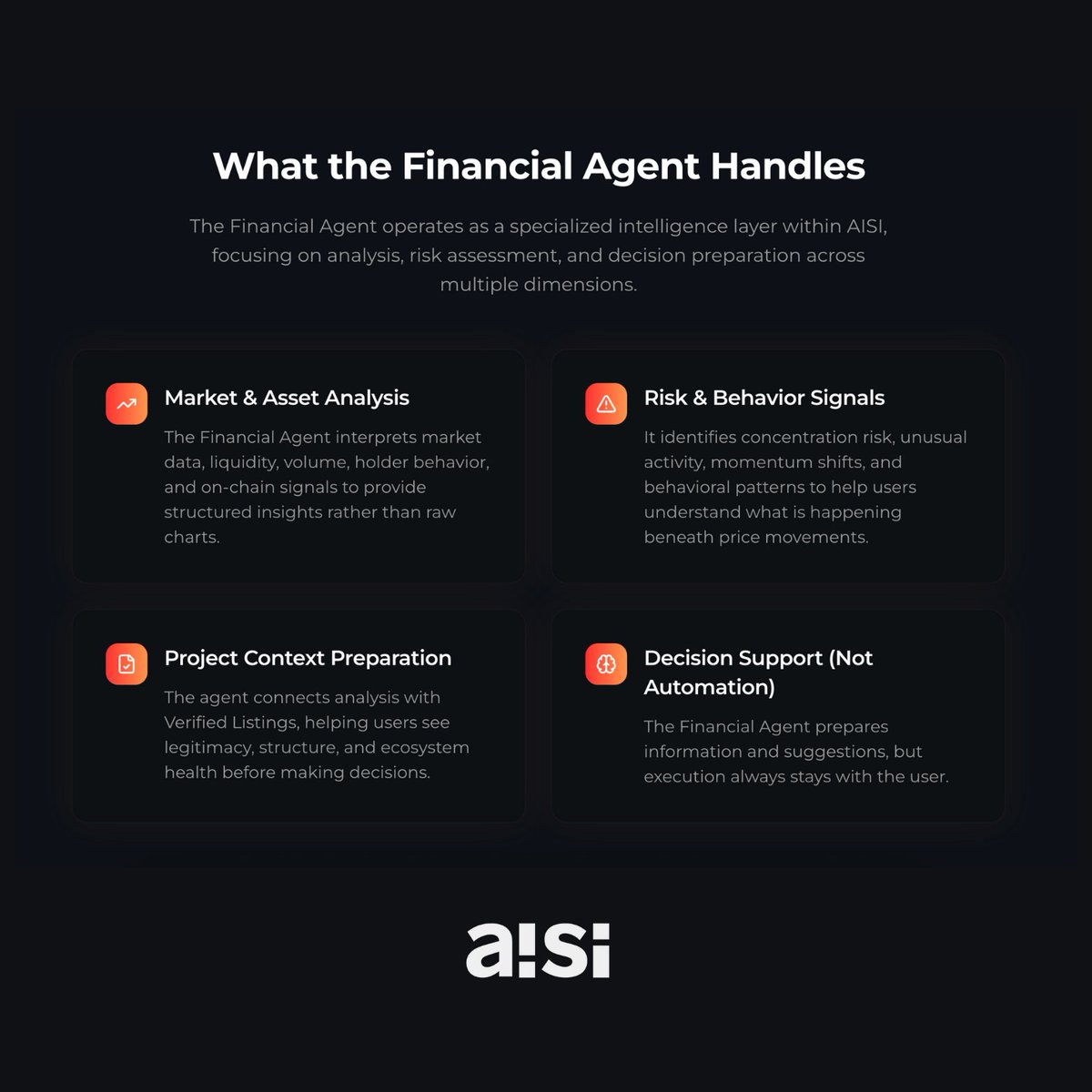This is what the Financial Agent actually handles inside $AISI.

Not charts for the sake of charts.
Not automation that takes control away.

The Financial Agent focuses on:
• Market &amp; asset analysis across liquidity, volume, and on-chain data
• Risk &amp; behavior signals beyond