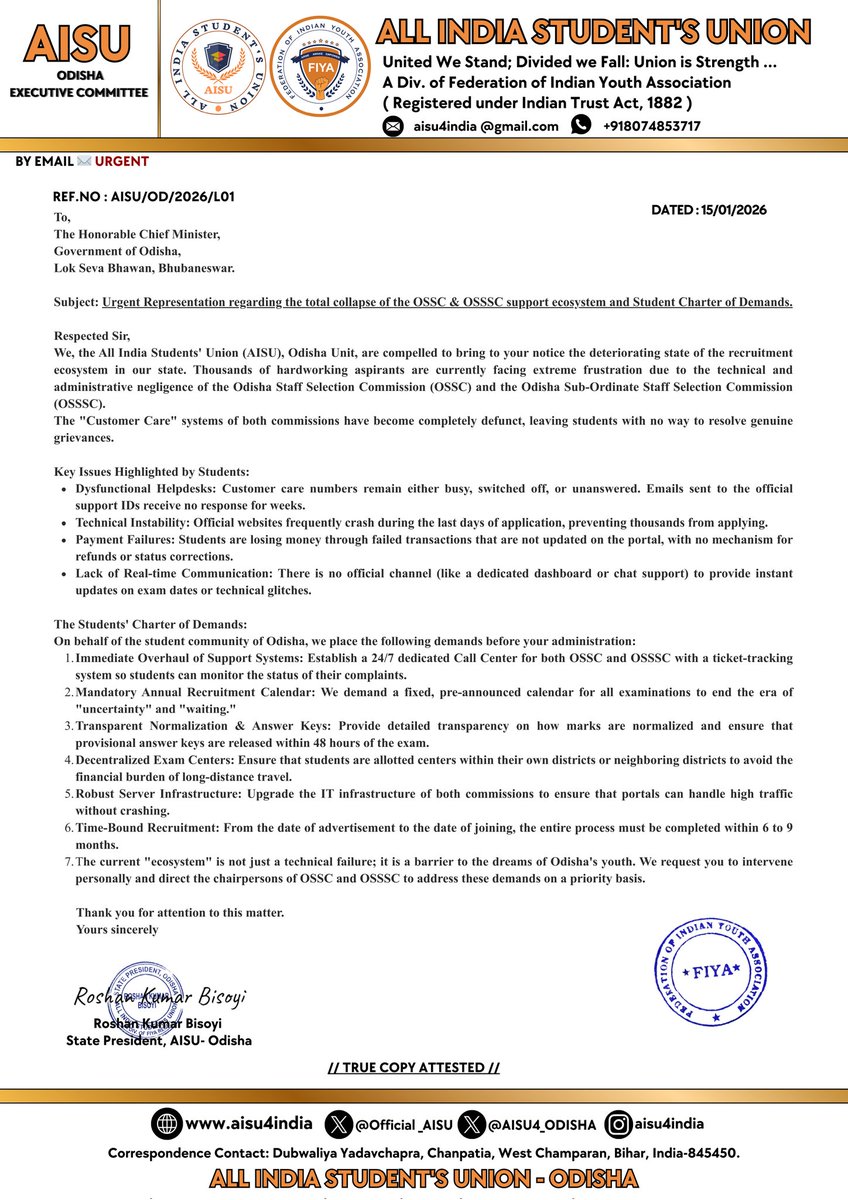 Requesting <a href="/CMO_Odisha/">CMO Odisha</a>'s immediate intervention. OSSC &amp; OSSSC sites are inactive since Jan 7, risking many futures as deadlines approach. Please fix. @OSSC_Official @OSSSC_Official #Aisuodisha
<a href="/Official_AISU/">All India Student's Union ( AISU )</a> #Aisu