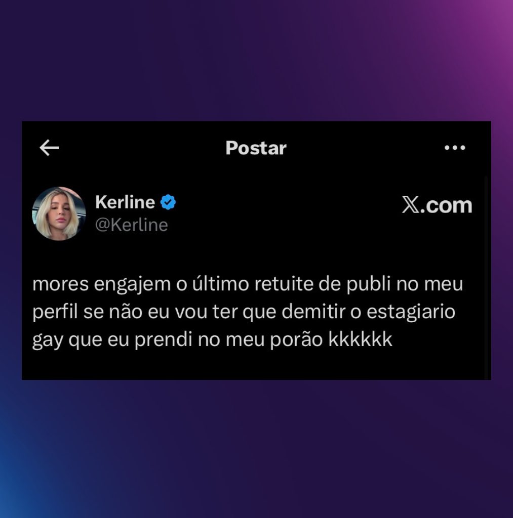 poponze's tweet image. Kerline ironiza boatos que tem um social media gay cuidando de sua conta:

“Engajem a última publi no meu perfil se não eu vou ter que demitir o estagiario gay que eu prendi no meu porão”.