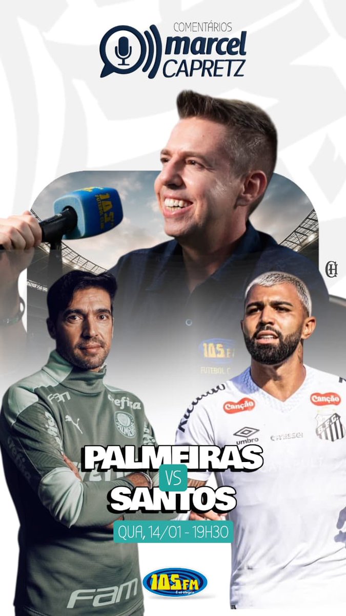 Hoje é dia de clássico!
O primeiro do ano!
Comento nesta quarta-feira às 19h30 na rádio 105 FM:

PALMEIRAS X SANTOS.