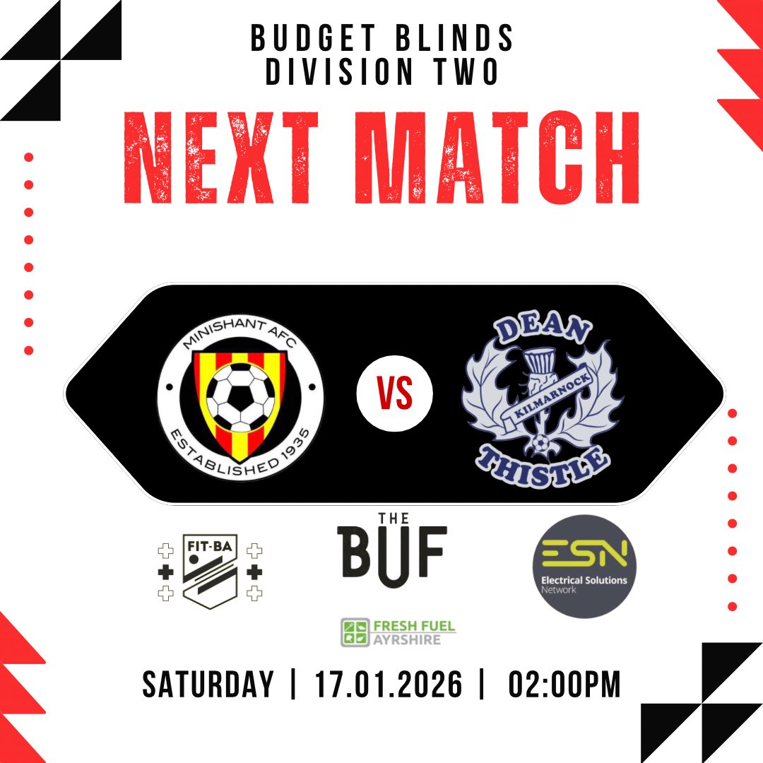 Here we go!🔥⚽ 

The Shant host Dean Thistle AFC this weekend in their first home game of 2026

🏆Budget Blinds Division Two
🆚Dean Thistle AFC
🗓️Saturday, 17 January 2026
📍Maybole Campus, Maybole, KA19 8FD 
🕑14:00 Kick off 

All support welcome

🔴🟡MTS🔴🟡