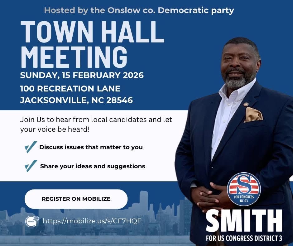 RayESmithJr's tweet image. Let your voice be heard! 
Join Raymond Smith and other candidates at the Onslow County Town Hall - February 15th at the Adult Center in Jacksonville, NC!

Register Now!
mobilize.us/s/CF7HQF

#NC03 #easternnc #Congress #Leadership #EasternNC #raysmithforcongress #publicservice