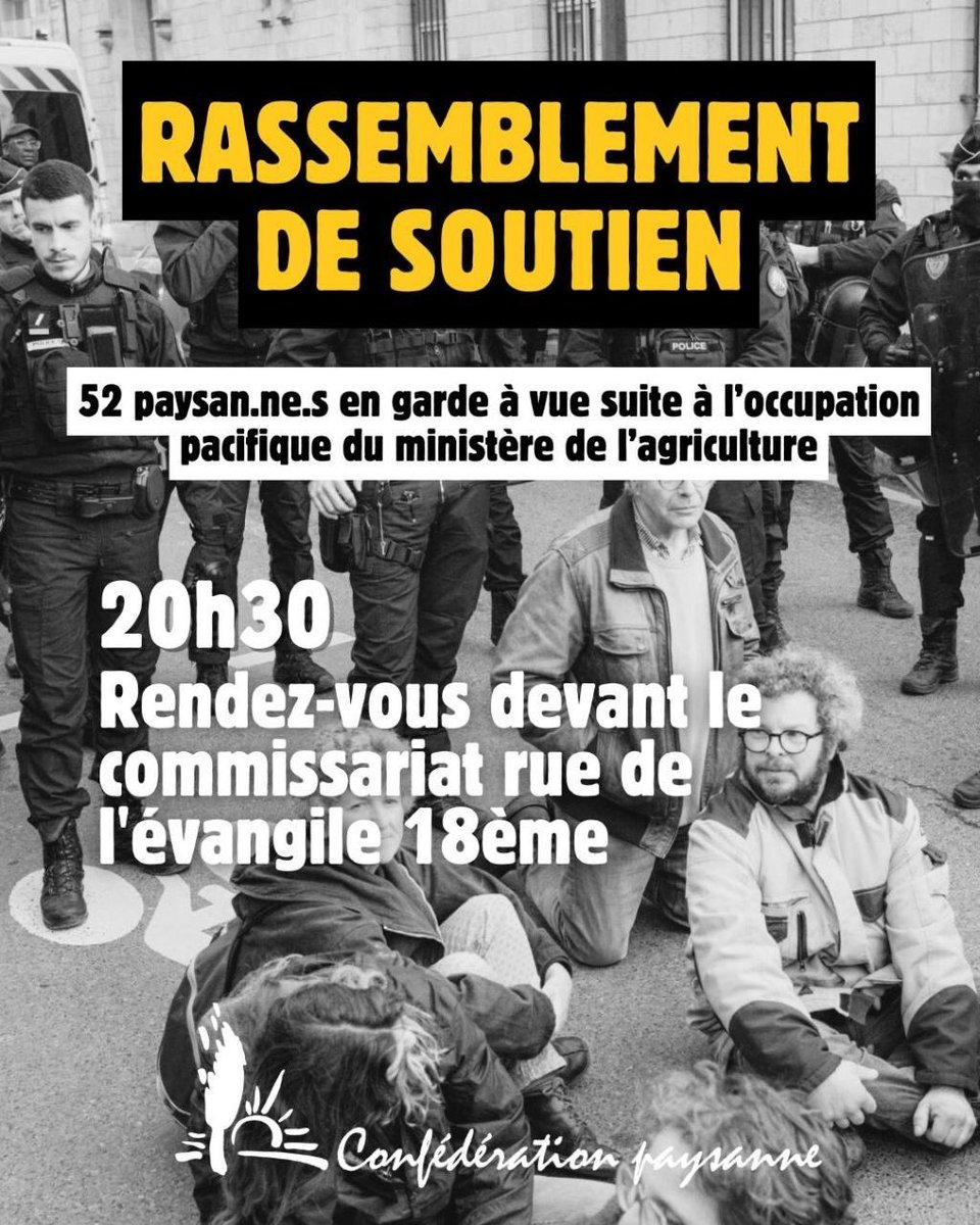 🛑 C’est scandaleux cette répression envers nos camarades de @confpaysanne.bsky.social 🛑

🚨 La fédération #SUDRail exige la libération immédiate des 52 paysannes et paysans en garde à vue dans des commissariats à #Paris.