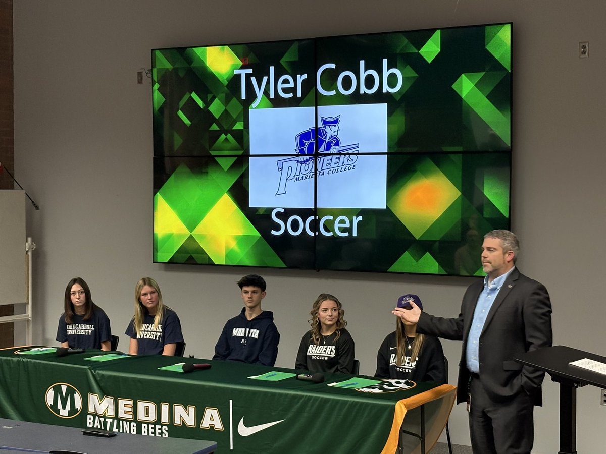 BeesBoysSoccer's tweet photo. Congratulations to senior Tyler Cobb on committing to play soccer at Marietta College next year! Also to girls Whitney Howington (JCU), Ella Wilgor (JCU), Bri McCashin (Mount Union) and Caitlyn Taylor (Mount Union). We wish all of you the best! ⚽️🐝🏆 https://t.co/TVNecVPJtN